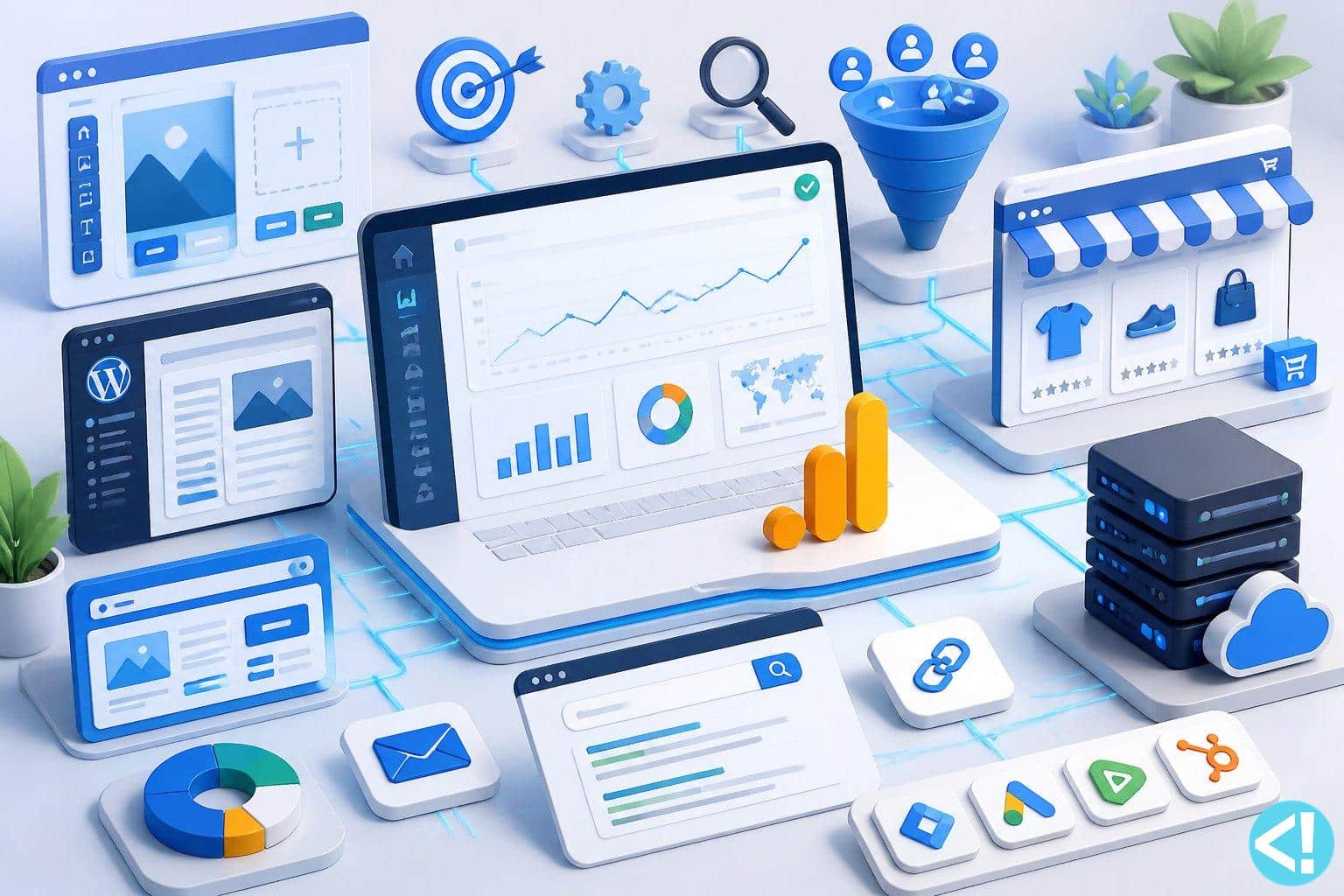 Google analytics how to set up  isometric 3d illustration of a digital marketing workspace showing an analytics dashboard surrounded by website and marketing tools, servers, and charts.